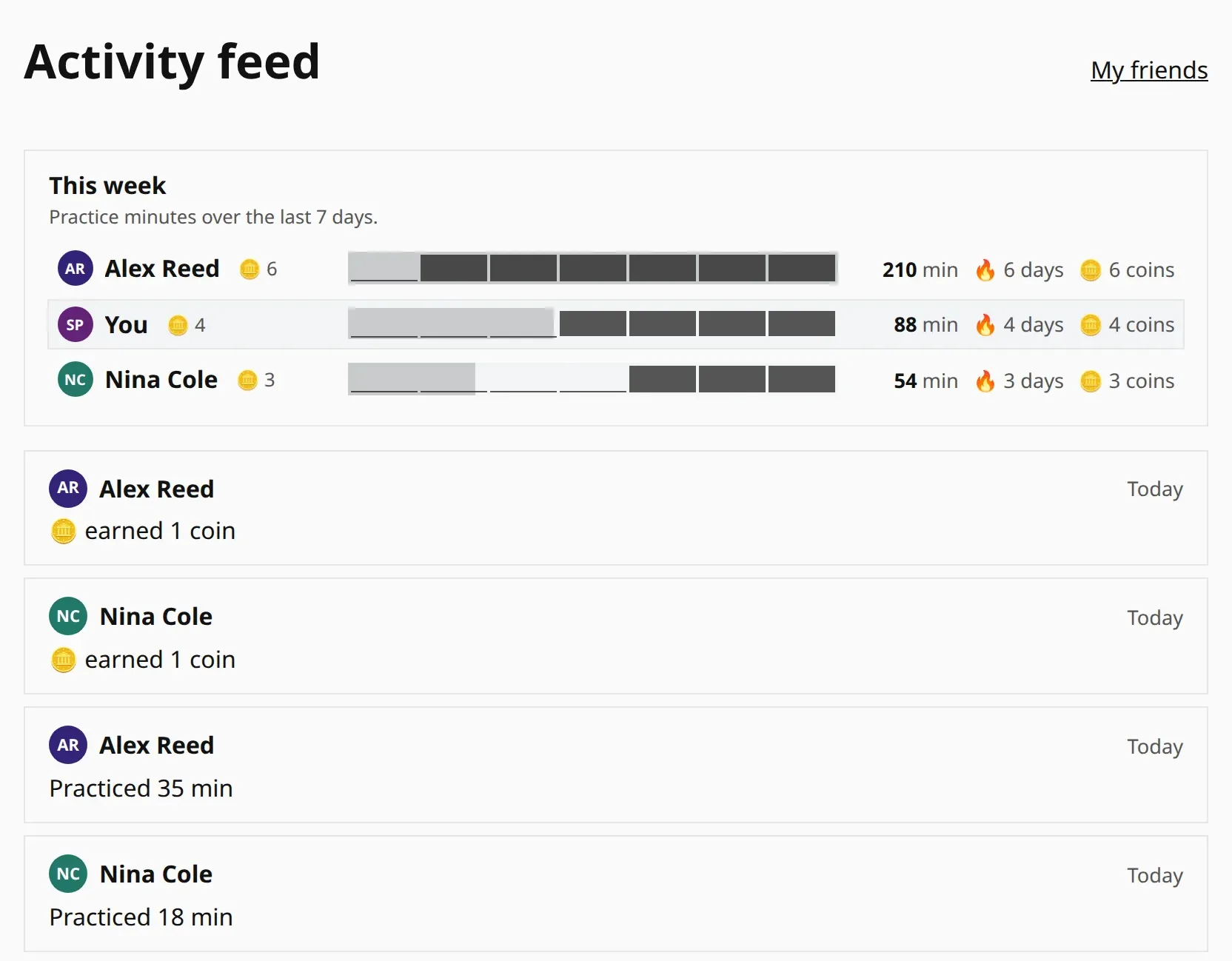Activity feed with this week's practice minutes for you and two friends